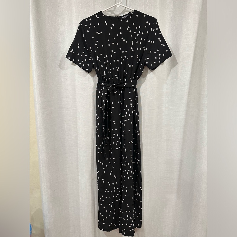 Nasty Gal Belted Polka Dot Jumpsuit, Black With White Dots, Size US 6